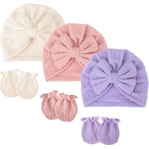 Newborn Baby Hats and Mittens Baby Bow Beanie No Scratch Cotton Infant Caps Newborn Hats for Baby Girls 0-12 Months