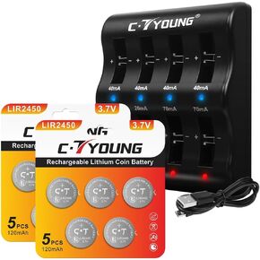 2032 Rechargeable Button Batteries 3.6V 10Packs with Lir2032 Coin Charger 8 Bays Replacing cr2032 3v Lithium Battery for Scale, Airtag, Car Key Fob
