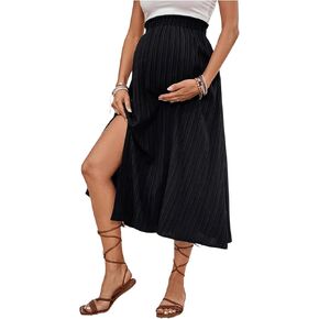 MakeMeChic Women's Maternity Skirt Elastic Waist Split Side Pleated Summer Pregnancy Long Skirts