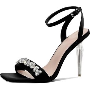 Women's Crystal Stilettos Heeled Sandals 4 inches Square Open Toe Sexy Ankle Strap Stiletto High Heel Sandals for Prom Party Wedding Dress Daily Wear Shoes