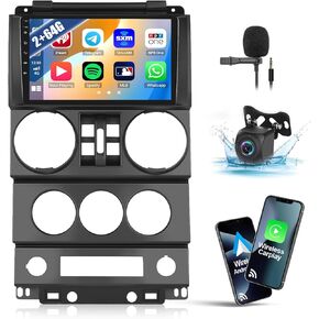 2GB+64GB Car Radio Stereo for Jeep Wrangler 2007 2008 2009 2010 (4 Door) with Wireless Carplay Android Auto 9" Android Touch Screen Car Stereo with GPS Navigation HiFi WiFi Bluetooth FM Backup Camera
