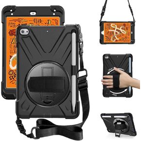 ZenRich iPad Mini 5/ iPad Mini 4 Case with Pencil Holder, Heavy Duty Shockproof Rugged iPad Mini 7.9 Inch Case with Hand Strap/Kickstand-Black