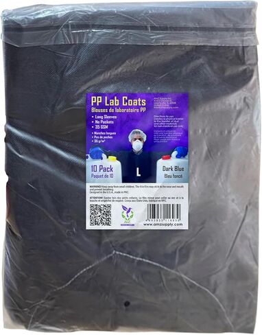 معاطف مختبر AMZ باللون الأزرق الداكن للبالغين، مقاس كبير. 10 عبوات معاطف طبية. 35 GSM PP طلاء معطف المختبر القابل للتصرف. معطف المختبر الطبي بطول الركبة بدون جيب، معصم مرن، قفل حلقي in Kuwait