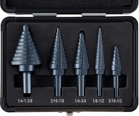 Titanium Step Drill Bit Set, 5PCS HSS Step Drill Bits, 50 Sizes in 5 High-Speed Steel Bits for Sheet Metal with Aluminum Case in Kuwait