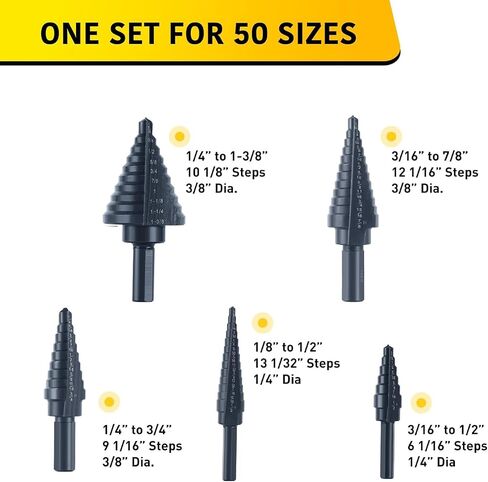 Titanium Step Drill Bit Set, 5PCS HSS Step Drill Bits, 50 Sizes in 5 High-Speed Steel Bits for Sheet Metal with Aluminum Case in Kuwait