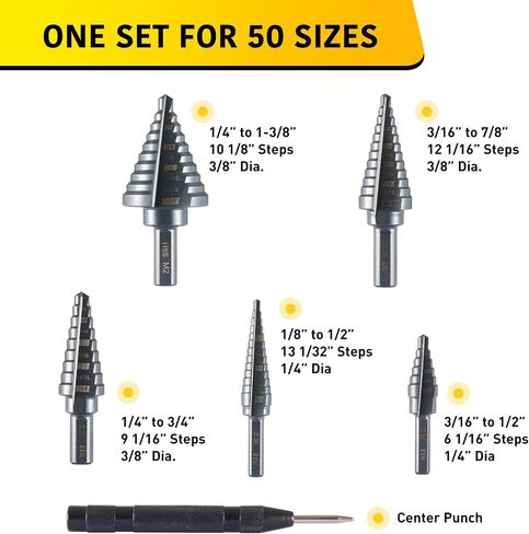 Titanium Step Drill Bit Set, 5PCS HSS Step Drill Bits, 50 Sizes in 5 High-Speed Steel Bits for Sheet Metal with Aluminum Case in Kuwait