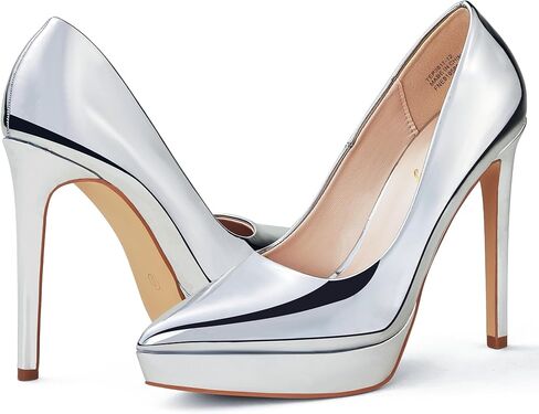 حذاء إليزابيت تانغ النسائي بكعب عالٍ 4.7 بوصة ذو نعل سميك للمناسبات الرسمية، مع مقدمة مغلقة مريحة ومدببة في العمل والمواعيد وحفلات الزفاف والحفلات الموسيقية والكنيسة فضية 7 in Kuwait