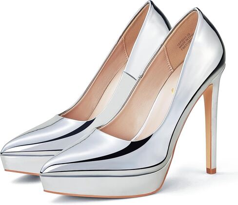 حذاء إليزابيت تانغ النسائي بكعب عالٍ 4.7 بوصة ذو نعل سميك للمناسبات الرسمية، مع مقدمة مغلقة مريحة ومدببة في العمل والمواعيد وحفلات الزفاف والحفلات الموسيقية والكنيسة فضية 7 in Kuwait