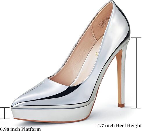 حذاء إليزابيت تانغ النسائي بكعب عالٍ 4.7 بوصة ذو نعل سميك للمناسبات الرسمية، مع مقدمة مغلقة مريحة ومدببة في العمل والمواعيد وحفلات الزفاف والحفلات الموسيقية والكنيسة فضية 7 in Kuwait