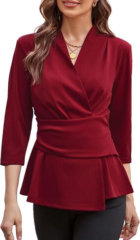 GRACE KARIN Women's Work Blouses Trendy V Neck 3/4 Sleeve Peplum Tops Elegant Irregular Wrap Hem Stylish Shirt White 2XL in Saudi Arabia