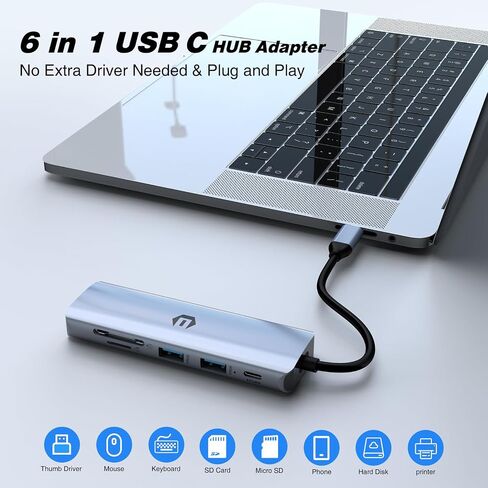 USB C Hub by Tymyp, 6 in 1 Multiport Adapter, 4K HDMI, 100W PD, 3 x USB 3.0, SD/TF Card Reader for Laptops and Smartphones, Compatible for USB C Laptops Dell/HP/Surface and More in Saudi Arabia