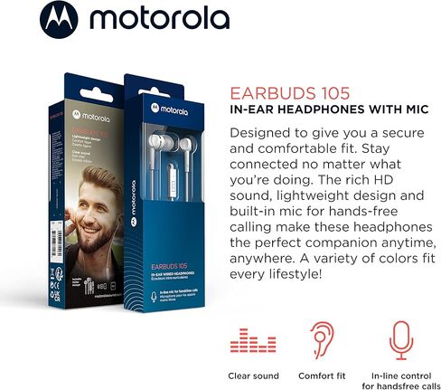 Motorola Wired Earbuds with Microphone - Earbuds 105 Corded in-Ear Headphones, Control Button for Calls/Music, Comfortable Lightweight Easy-Grip Ear Buds, Clear Bass Sound, Noise Isolation - Black in Saudi Arabia