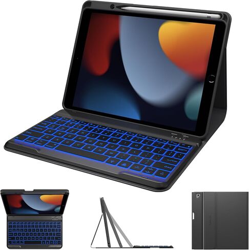 حافظة typecase Folio iPad الجيل التاسع مع لوحة مفاتيح 10.2 بوصة - غطاء نحيف قابل للفصل بإضاءة خلفية مع حامل أقلام، متوافق مع iPad 8th/7th Gen، Pro 10.5، Air 3rd Gen (أسود غير لامع) in Saudi Arabia
