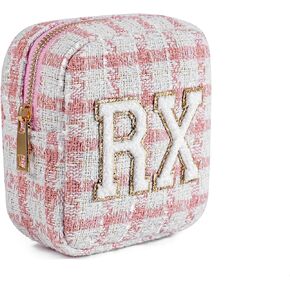 Small Medicine Bag for Travel, Personalized RX Chenille Letters Checkered Pouch for Women and Girls, Cute Meds Drug Makeup Bags with Zipper (01Beige Checkered)