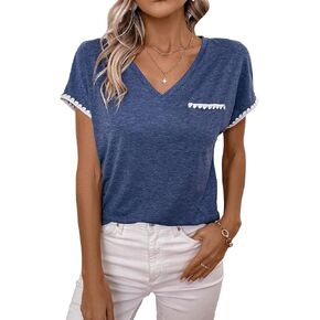 Floerns Women's V Neck Lace Flare Short Sleeve Pocket Patched Tee Shirts Top