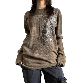 قميص نسائي Y2K قوطي عتيق بأكمام طويلة تي شيرت فضفاض كبير الحجم تي شيرت علوي Harajuku ملابس الشارع in Kuwait