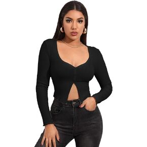 LYANER Women's Button Front V Neck Long Sleeve Slit Hem Ribbed Knit Crop T-Shirt Tee Top