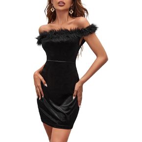 WDIRARA Women's Fuzzy Trim Off Shoulder Straplesss Sleeveless Fitted Velvet Mini Dress