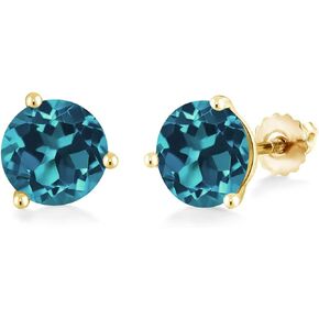 Gem Stone King 14K Yellow Gold London Blue Topaz 3 Prong Martini Screw Back Stud Earrings For Women (5.00 Cttw, Gemstone November Birthstone, Round 8MM)