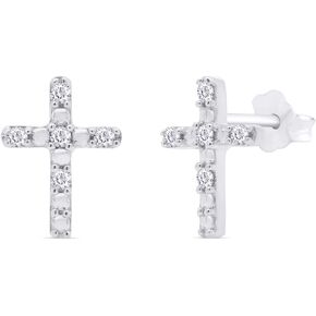 1/20 Carat Round Cut White Natural Diamond Cross Stud Earrings For Women In 14K Gold Over Sterling Silver (Clarity : I2-I3, Color : I-J,0.05 Cttw)