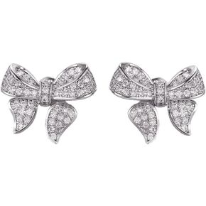 Minimalist Cubic Zirconia Bow Hypoallergenic Stud Earrings for Women Girls Sensitive Ear Dainty Cute Silver Plated Sparkly Crystal Bowknot Studs Wedding Valentines Day Xmas Gift 16mm
