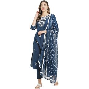 Rajnandini Women's Navy Blue Coloured Pure Cambric Cotton Floral Embroidered Kurta Set With Dupatta