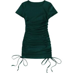 GORGLITTER Women's Ruched Short Sleeve Bodycon Mini Dress Drawstring Ribbed Knit Round Neck Dresses