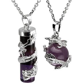 Jovivi 2pcs Dragon Wrapped Round Ball Cylinder Gemstone Healing Crystal Stone Dragon Pendant Necklaces Jewelry Set for Men Women