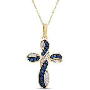 AFFY Round Simulated Blue Sapphire & White Cubic Zirconia Cross Pendant Necklace in 14k Gold Over Sterling Silver 18" Chain