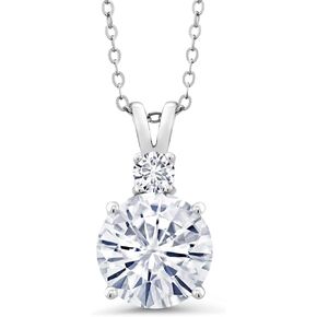 Gem Stone King 925 Sterling Silver White Moissanite and White Lab Grown Diamond Pendant Necklace For Women (4.17 Cttw, Gemstone Birthstone, Round 10MM, With 18 Inch Chain)