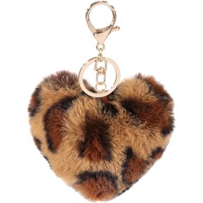 FORUBUS Heart Shaped Leopard Pom Pom Ball Keychain - Fun Accessory for Stylish Women and Girls