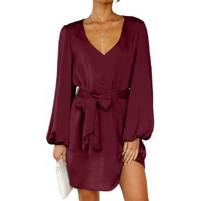 BTFBM 2023 Women's Long Puff Sleeve Satin Dress Casual V Neck Belted Short Spring Summer Party Cocktail Mini Dresses in Saudi Arabia