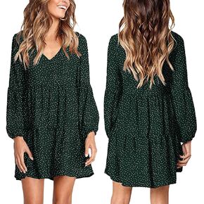 Women Tunic Dress V-Neck Long Sleeve Casual Loose Flowy Swing Shift Dresses Summer Mini Dress