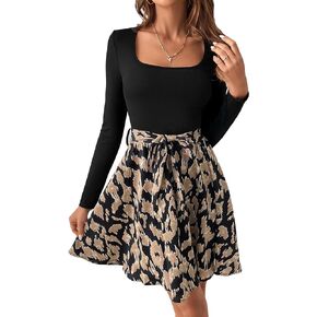 Verdusa Women's Leopard Print Scoop Neck Long Sleeve High Waist Belted A Line Flared Short Dress