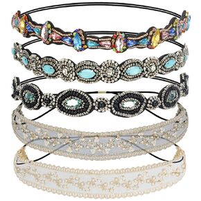 Amcami 5 Pieces Rhinestone Elastic Headbands Handmade Crystal Beaded Hairbands Vintage Jewelry Hair Accessories Party and Daily Headwear