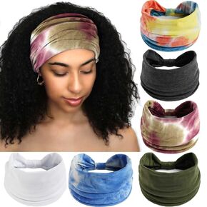 Olbye Wide Headbands Women Knotted Headband Non Slip Elastic Hair Bands Tie Dye Turban Head Wraps Workout Yoga Sports Sweatbands Boho Headbands for Women Fashion Hair Accessories Pack of 6 (Boho)