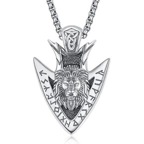 ADMETUS Arrowhead Necklace Sterling Silver Viking Rune Necklace Lion Necklace Viking Necklace with Lion Arrowhead Pendant Jewelry Gifts for Men