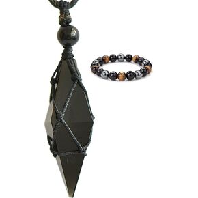 JEYAMTSOGE Black Obsidian 4 Facet Genuine Double Stone Pointed Natural Crystal Quartz Necklace Chakra Crystal Wand Stone Pendant Necklaces Jewelry for Men Women