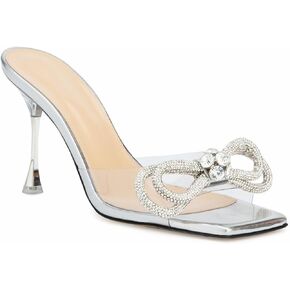 LauraVicci Women's Heeled Bow Mules Clear Sandals Square Open Toe Rhinestone Embellished Crystal Bowknot Transparent PVC Crystal Stiletto Slip On Evening Dress Party Wedding Shoes