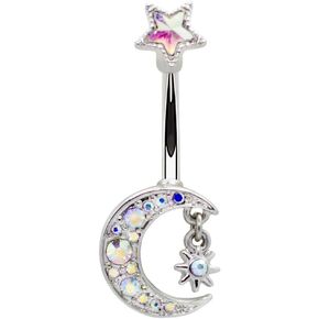 Pierce2GO 14G 7/16" Crystal Moon Pendant Belly Button Rings with Hanging Star Barbell Body Piercing Jewelry Women