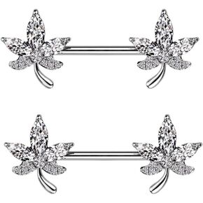 Pierced Owl 14GA 316L Stainless Steel CZ Crystal Leaf Nipple Barbells, Sold as a Pair