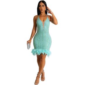 Sexy Dress for Women Party Club Night Elegant Spaghetti Straps Feather Detailed Hem Sparkly Rinestone Bodycon Midi Vestidos