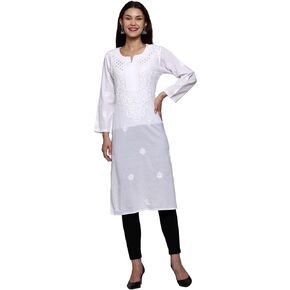 Ada Indian Hand Embroidered Chikankari Traditional White Cotton Kurta Kurti Tunic for Women A411369
