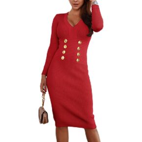 فستان Yuanlar نسائي مثير بياقة على شكل V وأكمام طويلة منسوج بقصة ضيقة وأزرار، فستان متوسط ​​الطول in Kuwait