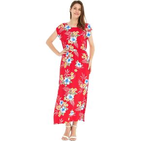 Women's Hawaiian Luau Cap Sleeve Maxi Simple Dress in Hibiscus