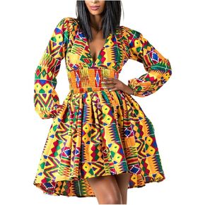 jascaela Womens Sexy V Neck African Print Dashiki Dress Long Lantern Sleeve Short Swing Dress Party Club