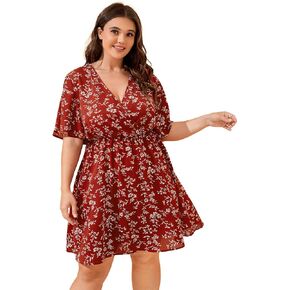 Floerns Women's Plus Size Boho Floral Wrap V Neck Short Sleeve A Line Dress