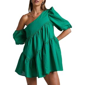 Sexy Mini Dress for Women Ruffle One Shoulder Outfits Short Puff Sleeve Cocktail Bubble Sundress Mini Skirt Sets