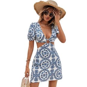 WDIRARA Women's Boho Print Deep V Neck Ring Cut Out Waist Puff Short Sleeve Dress