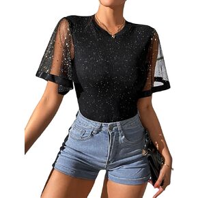 MakeMeChic Women's Contrast Mesh Flutter Short Sleeve Sparkle Glitter Shirts Tops